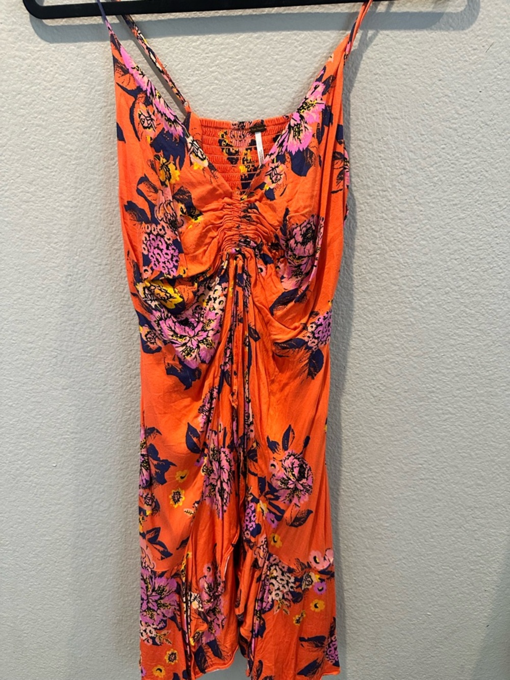 Free People Orange Floral Ruched Spaghetti-Strap Dress